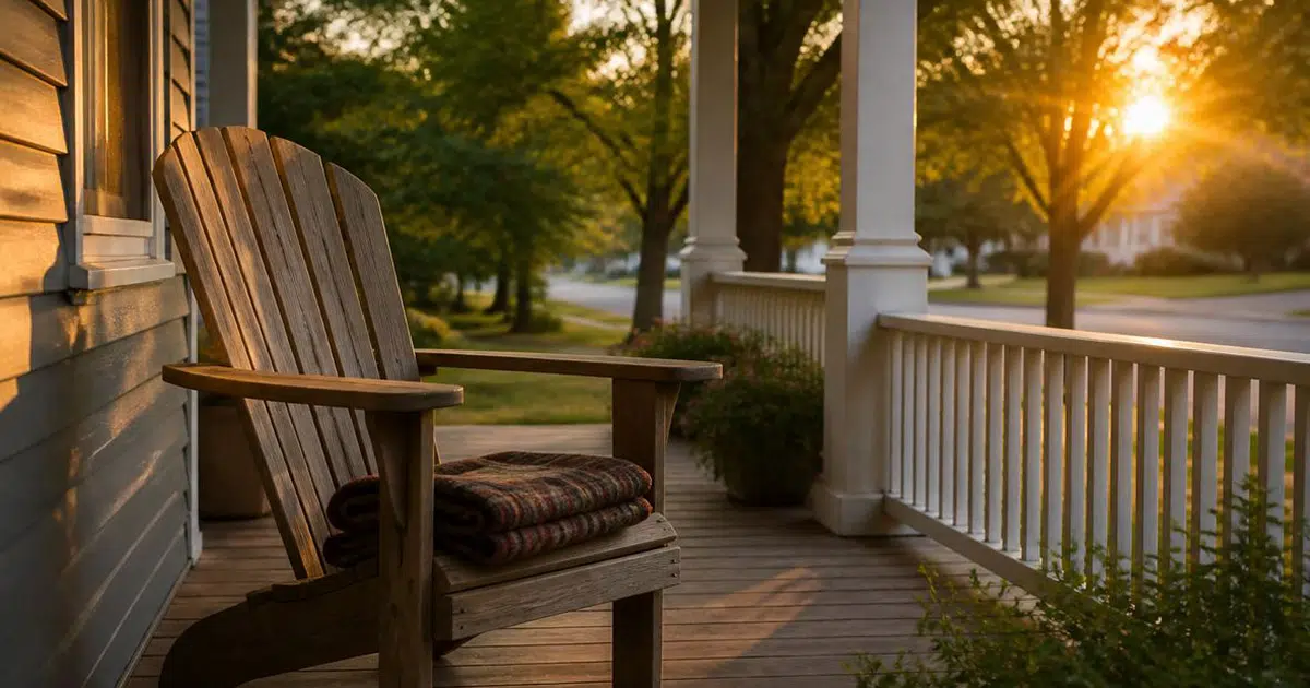 An empty porch chair at sunset, a stand-in for quieter retirement years