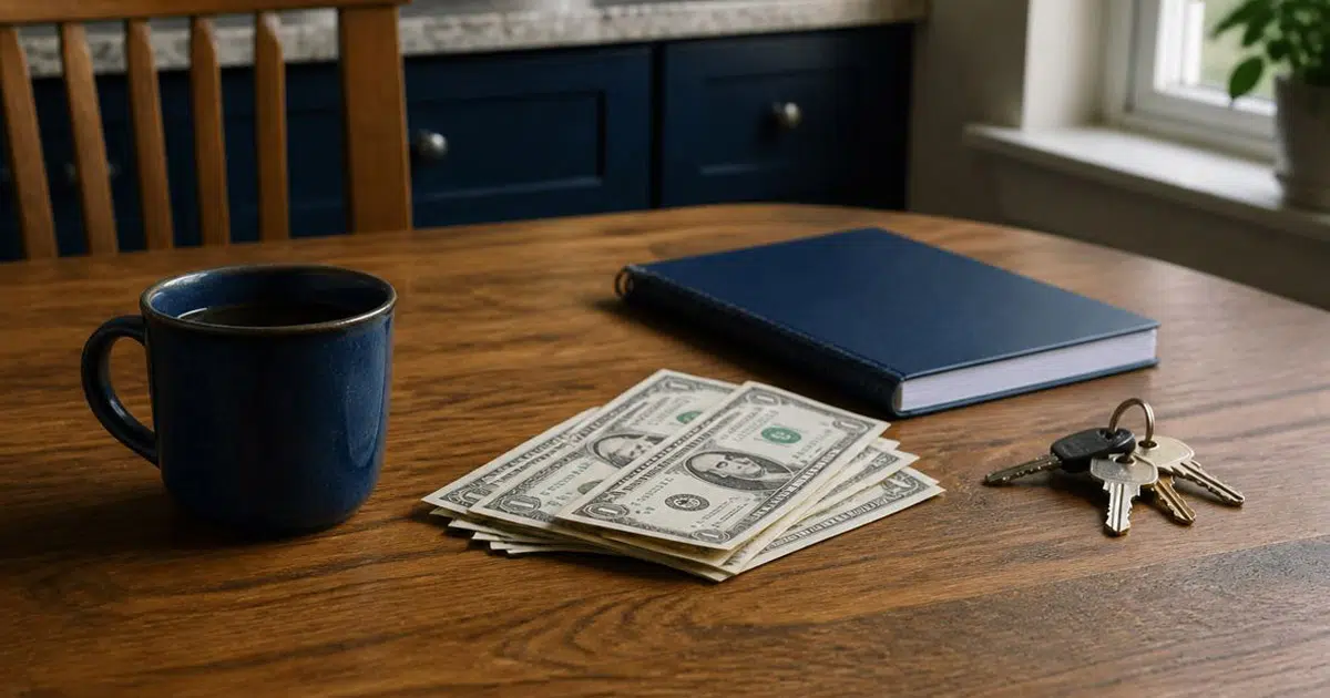 Coffee, a notebook, and cash on a kitchen table, suggesting a routine monthly investing habit