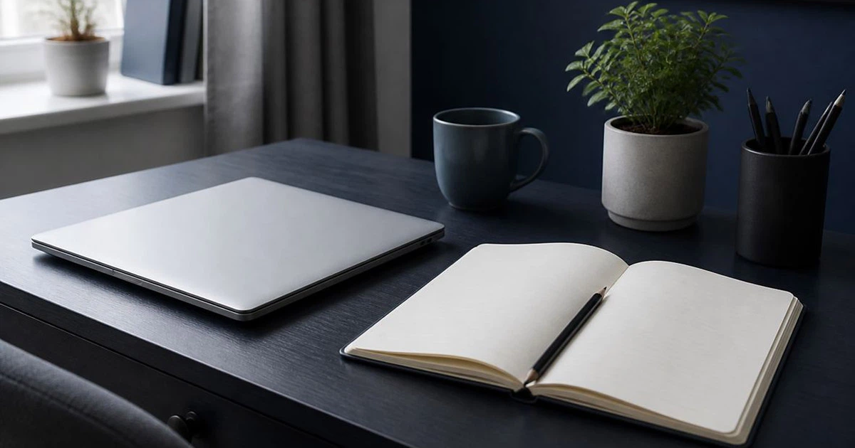 A notebook and laptop on a desk, used for planning contributions and time horizon