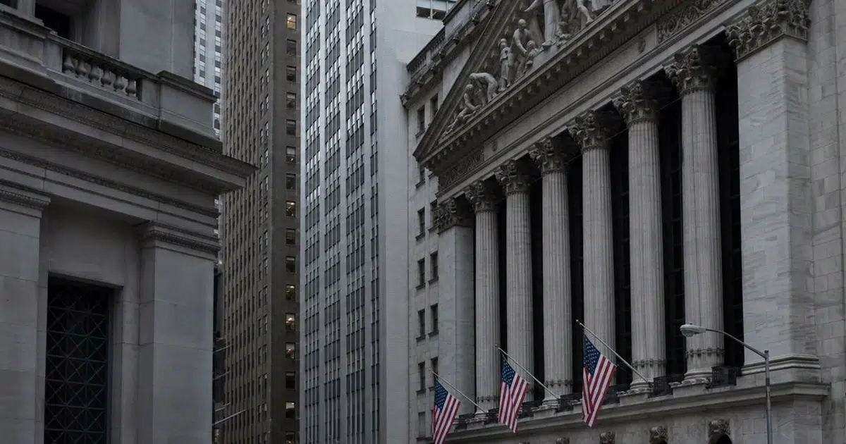 Stone skyscraper facades in an American financial district